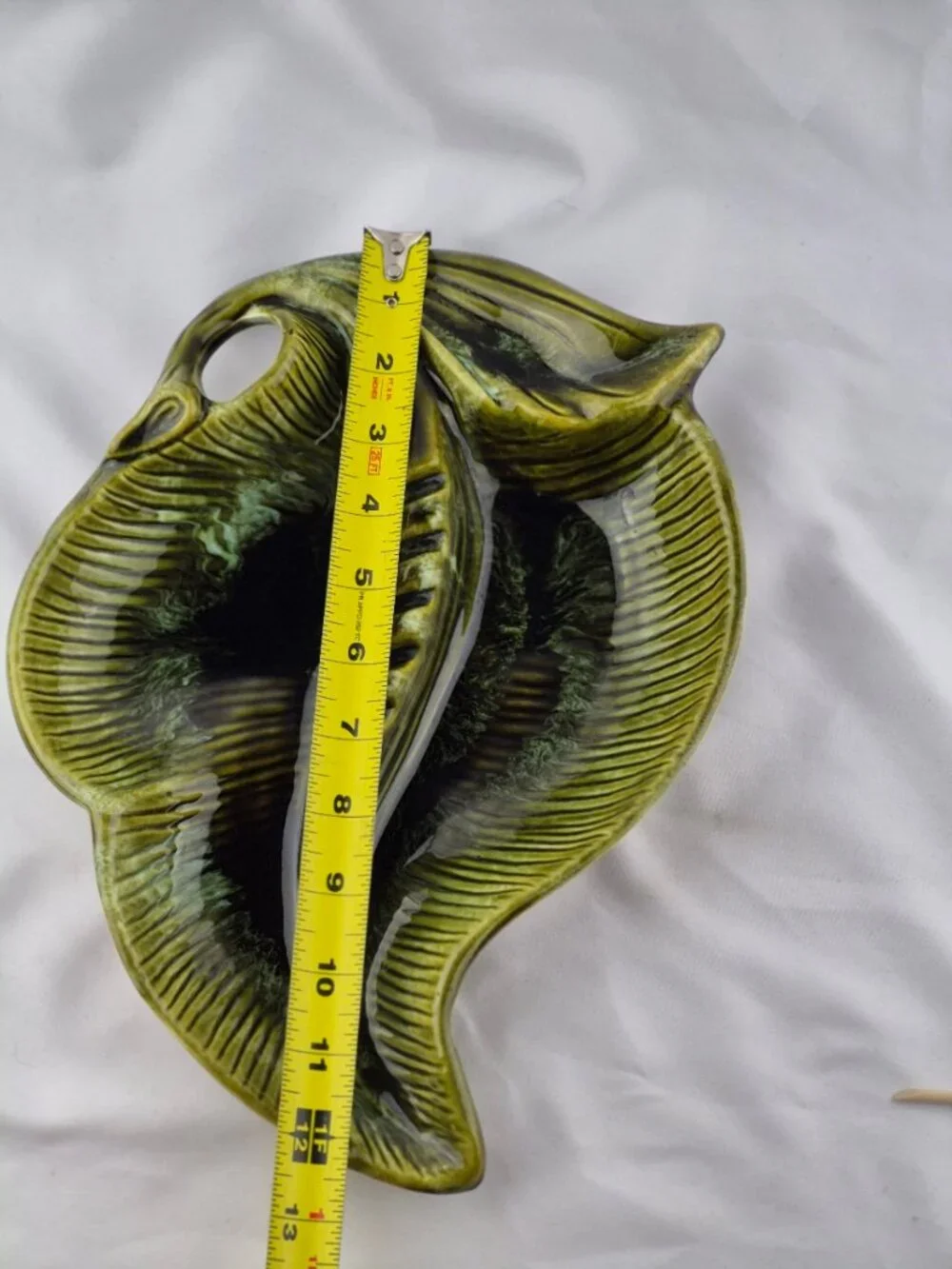 Vintage California Pottery USA Leaf Shape Green Ashtray Drip Glaze